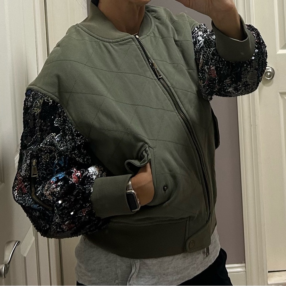 Ramy Brook Khaki Bomber Jacket with Sequin Sleeves